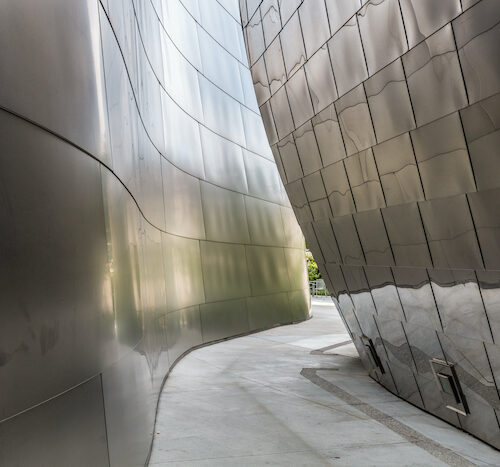 an installation at Disney Concert Hall made from polished stainless steel