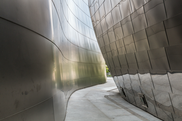 an installation at Disney Concert Hall made from polished stainless steel
