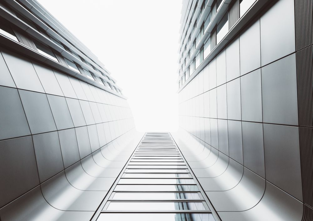 low angle of a Berlin building with satin finish aluminum along the exterior